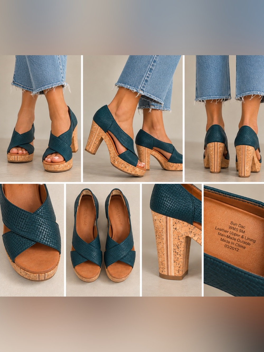 Gentle Souls Sun Dae Textured Leather Peep Toe Heels Teal Blue Size 9